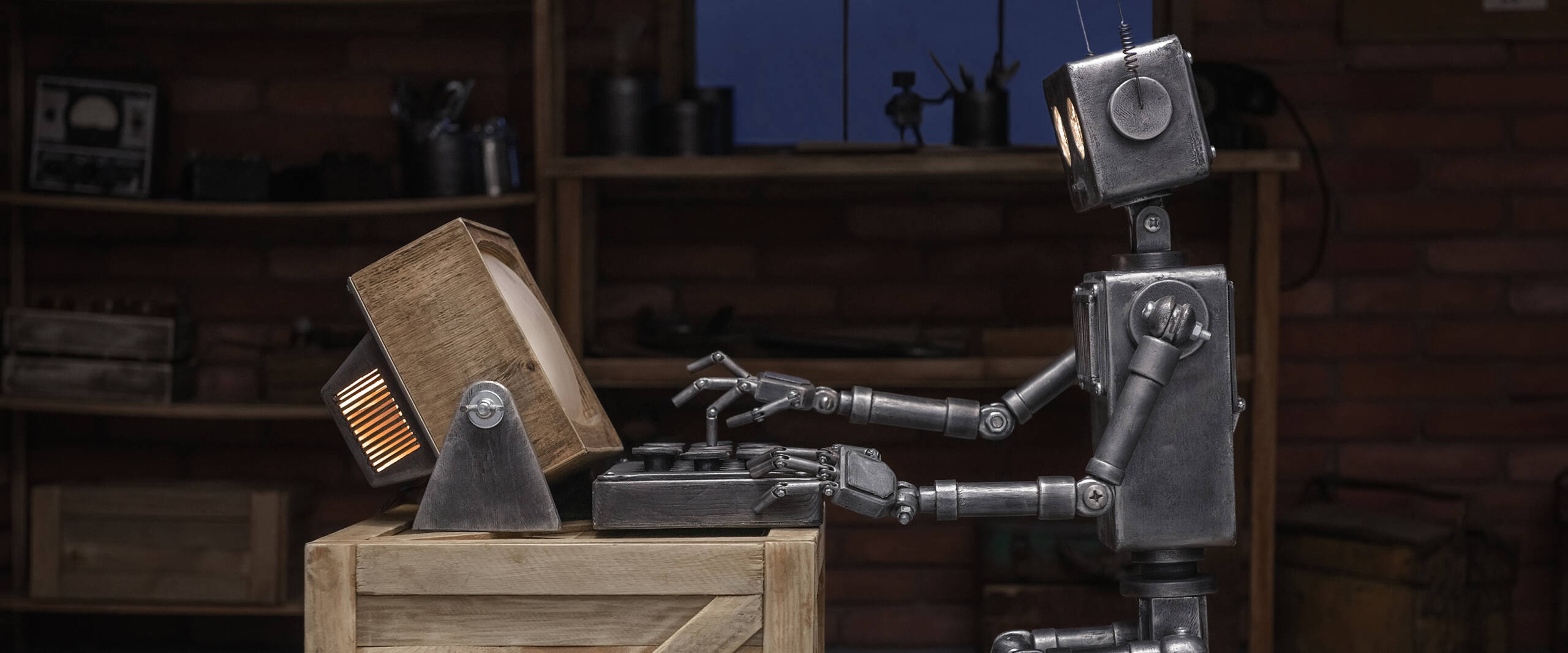 Robot reading a book in the workshop of its creator